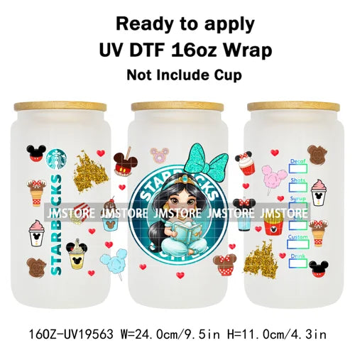 Faux Glitter Coffee Cartoon Princess Girly 16OZ UV DTF Cup Wraps Ready To Apply Waterproof Transfer Sticker For Libbey Glass Can