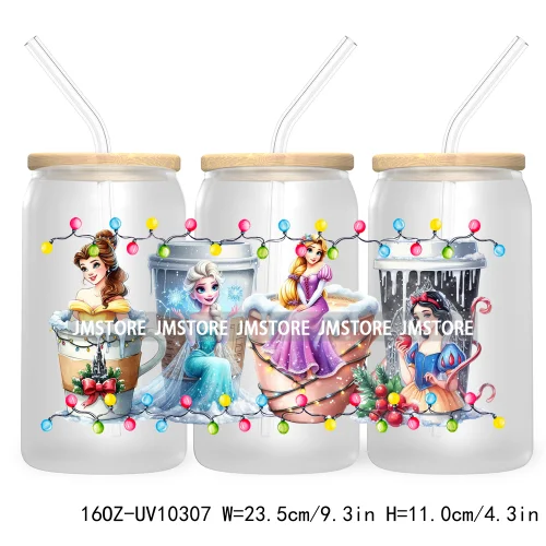 Princess Christmas Cartoon Friends 16OZ UV Cup Wrap DTF Transfer Stickers For Libbey Glass Can Cups Tumbler Magical Kingdom Vibe