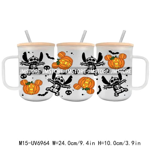 Horror Halloween Cartoon Scary Movie UV DTF Glass Can Wrap For 15OZ Mug Coffee Cup Transfer Sticker DIY Custom Logo Labels Skull