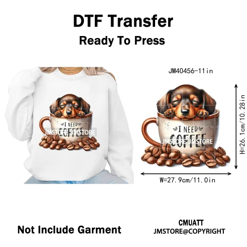 Funny Cartoon Pet Puppy Small Sleeping Cozy Coffee Dogs Lover Iron on DTF Washable Transfers Sticker Ready to Press for Clothing