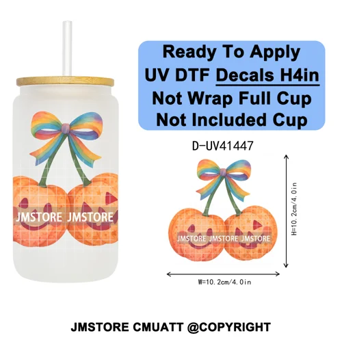 Highland Cow Horror Character Coquette Pumpkin UV DTF Decals Ready To Apply Durable Transfer Stickers For 16OZ Libbey Glass Can