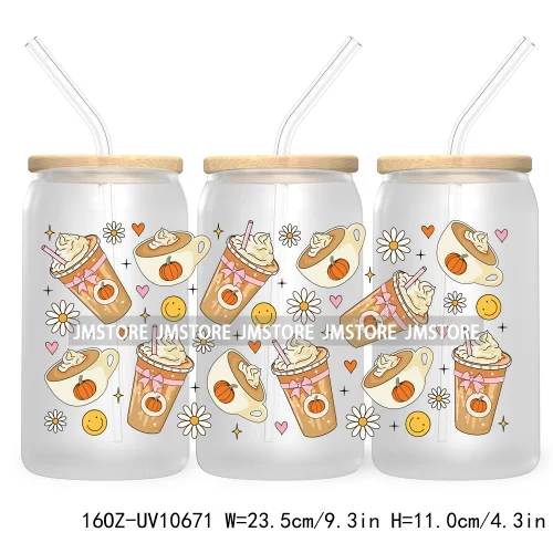 Fall Iced Coffee Cup Pumpkin Spice 16OZ UV DTF Cup Wrap Transfer Stickers Custom Labels For Libbey Glass Can Autumn Lover Gift