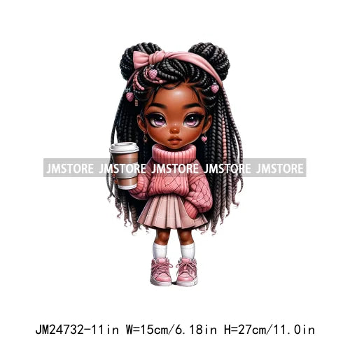 Dreadlocks Coffee Chibi Black Girls Pink Fashion African American Denim Girl Iron On DTF Heat Press Transfer Stickers For Shirts