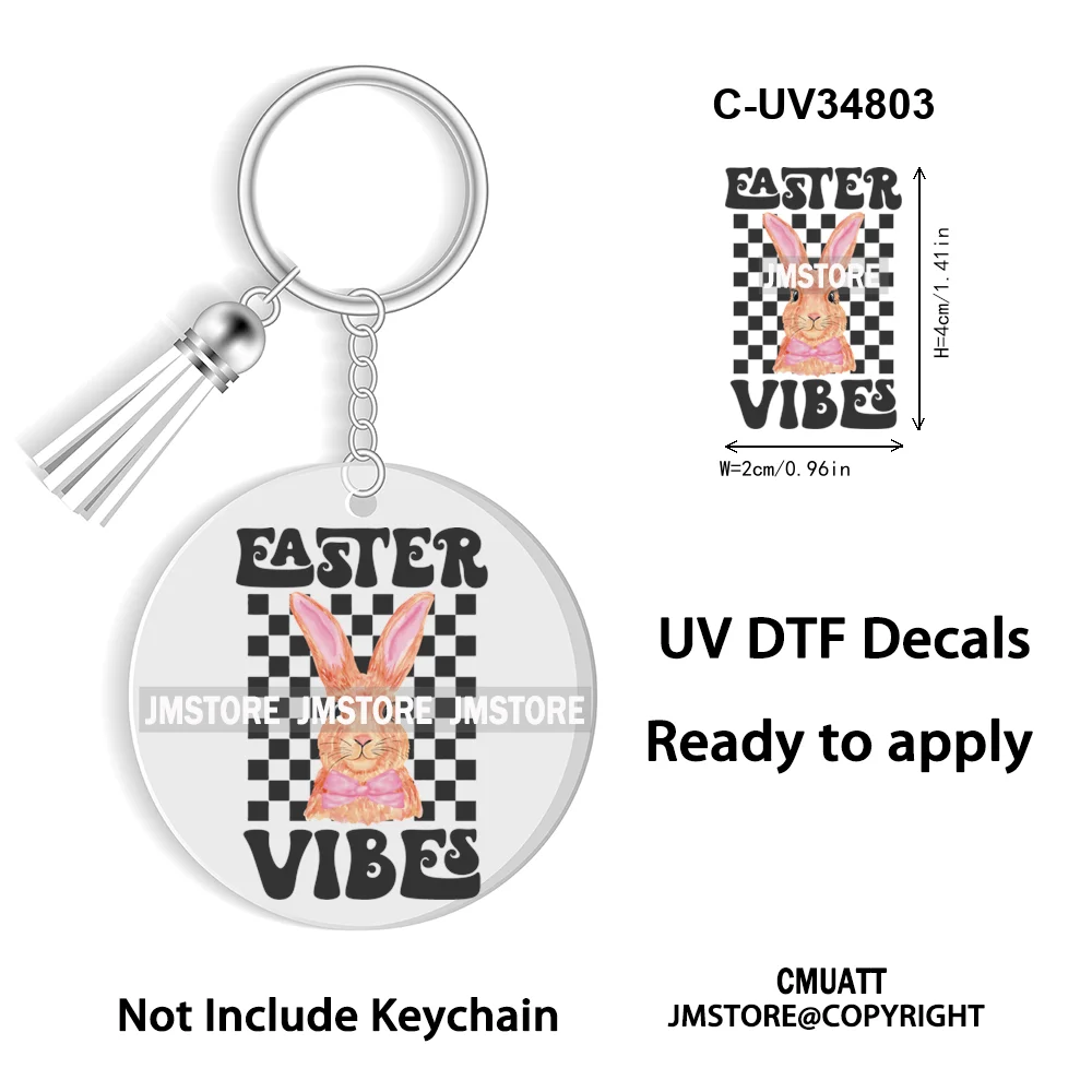 Faux Sequin Glitter Happy Easter Bow Retro Easter Bunny Blowing Bubble UV DTF Stickers for Round Circle Acrylic Keychain Keyring