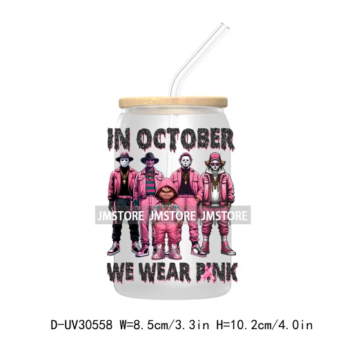 Pink October Breast Cancer Awareness UV DTF Transfer Stickers Decals For Libbey Cold Cups Mugs Tumbler Waterproof Horror Movie