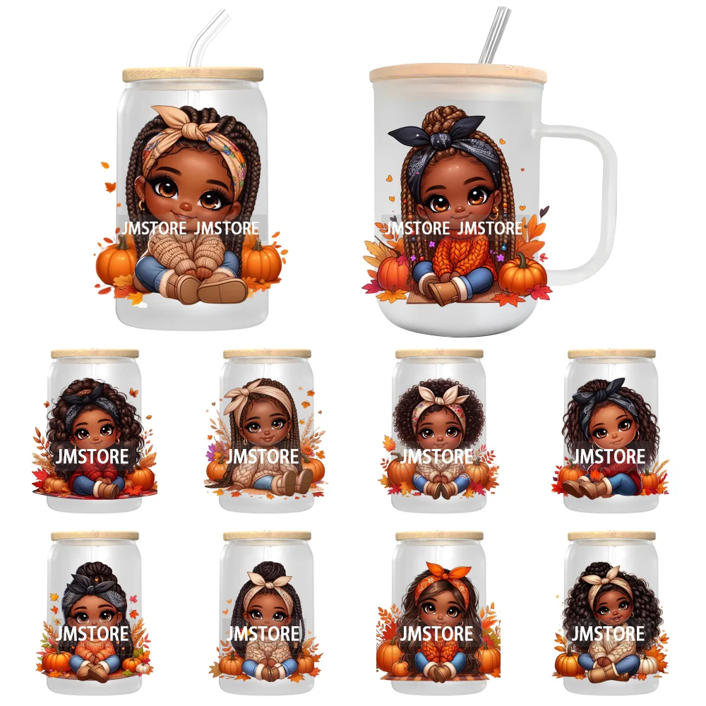 Autumn Chibi Super Cute Black Baby Girl UV DTF Transfer Stickers Decals For Libbey Cold Cups Mugs Tumbler Waterproof Afro Kids