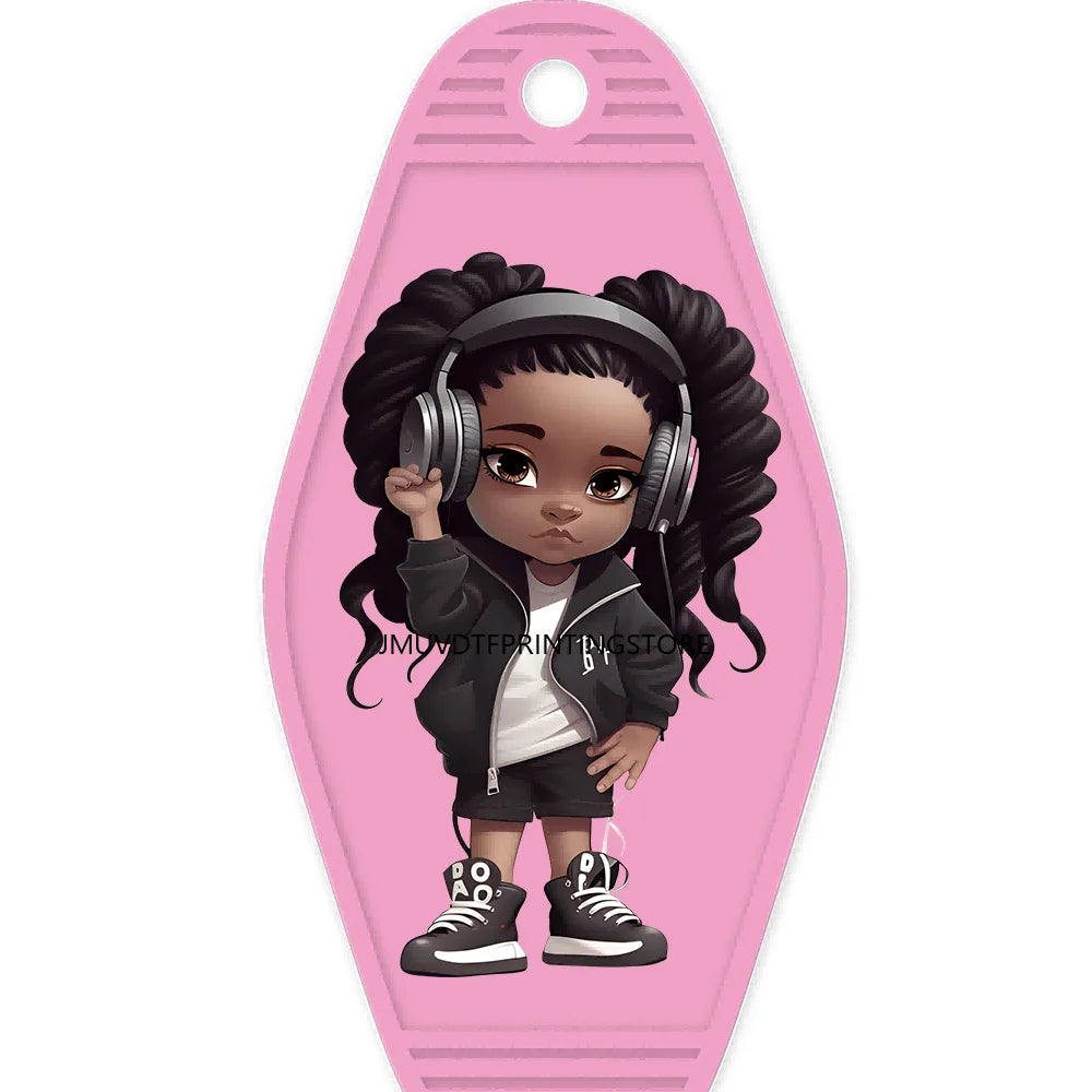 Cool Dreadlock Afro Girl High Quality WaterProof UV DTF Sticker For Motel Hotel Keychain Black Hip Hop Kids