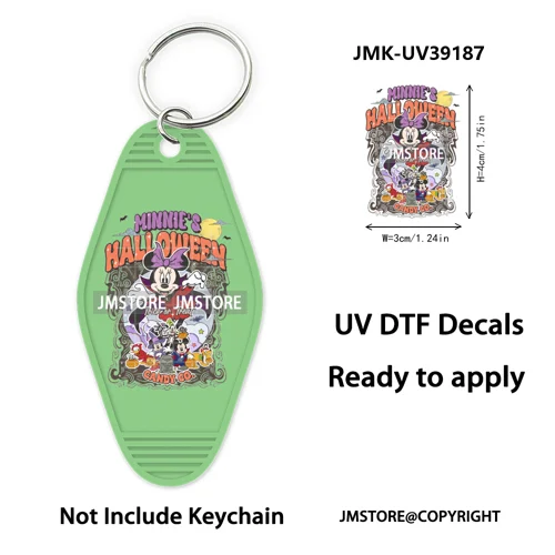 Spooky Halloween Cartoon Character Couple UV DTF Motel Keychain Wrap Ready To Apply Waterproof High Quality Hotel Keychain Decal