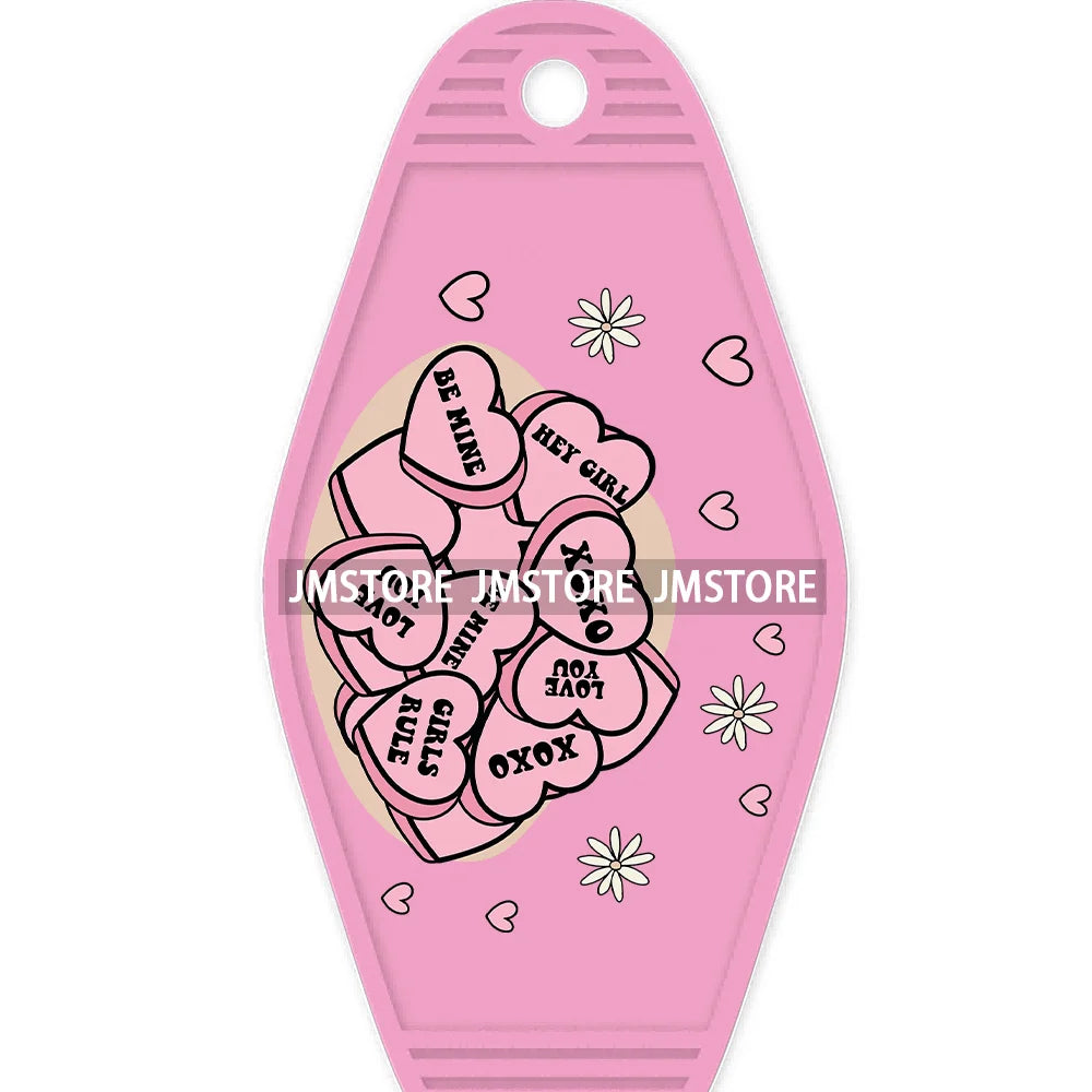 Pink Cowgirl Valentine's Day Candy Hearts High Quality WaterProof UV DTF Sticker For Motel Hotel Keychain Leopard Love Vibes