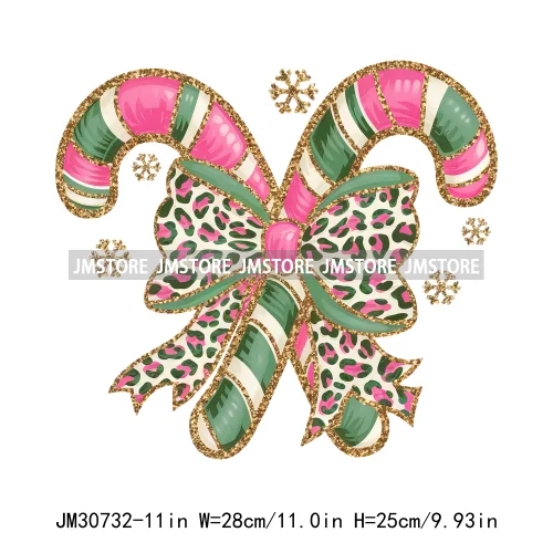 Merry Christmas Vibes Coquette Bow Faux Glitter Pink Candy Cane Decals Iron On DTF Transfer Stickers Ready To Press For Clothing