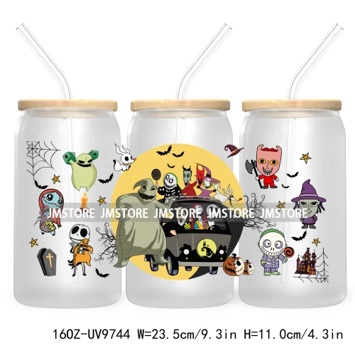 Spooky Cartoon Halloween 16OZ UV Cup Wrap DTF Transfer Stickers For Libbey Glass Can Cups Tumbler Waterproof Labels Scare Crew