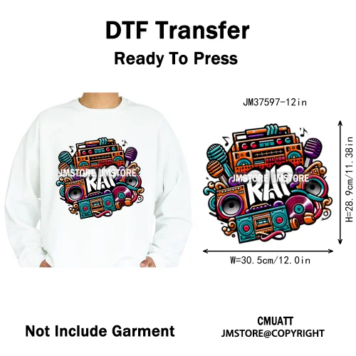 12in Old School Rap Hip Hop Music King Gaming Urban Vibes Graffiti Iron on DTF Heat Transfer Stickers Ready to Press for T-shirt