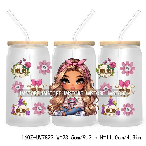 Cute Chibi Mexican Latina Baby Girl 16OZ UV DTF Cup Wrap Transfers Stickers For Libbey Glass Can Cups Tumbler Waterproof Skulls