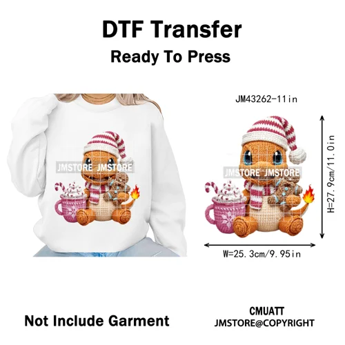 Hot Cocoa Coffee Lover Cartoon Faux Yarn Christmas Xmas Iron on Washable DTF Transfers Stickers Ready to Press for Sweatshirts