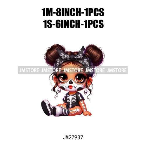 Halloween Skeleton Latina Baby Chibi Hispanic Girls Spooky Season DTF Iron On Transfers Stickers Ready To Press For Clothing