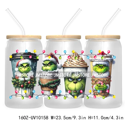 Christmas Coffee Cups Green Guy 16OZ UV Cup Wrap DTF Transfer Stickers For Libbey Glass Can Cup Tumbler Waterproof Label Cartoon