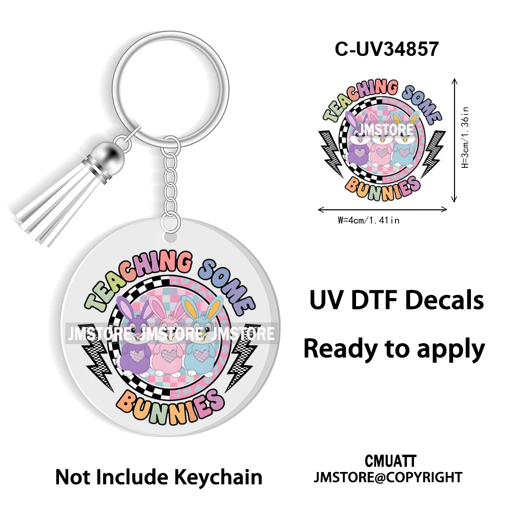 Happy Easter School Teacher Life Retro Coquette Easter Bunny WaterProof UV DTF Sticker For Round Circle Acrylic Keychain Keyring