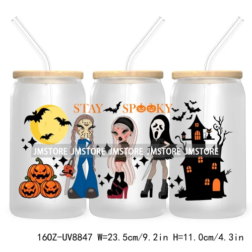 Stay Spooky Halloween 16OZ UV DTF Cup Wrap Transfer Sticker Custom Label Waterproof Logo For Libbey Glass Can Cartoon Characters