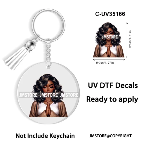 Christian Jesus God Pray Afro Girl UV DTF Decal Round Keychain Ready To Apply WaterProof Transfer Stickers For Circle Keychain
