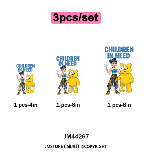 Cute Cartoon Bear Children in Need Charity Raising Kids Iron on Washable DTF Heat Transfers Stickers Ready to Press for Textiles