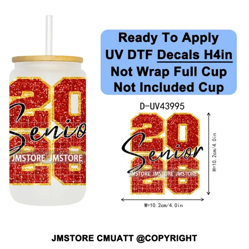 Faux Glitter Senior 2026 School UV DTF Decals Ready To Apply Waterproof Transfer Stickers DIY Crafts For 16OZ Libbey Glass Can