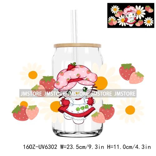 Cute Cartoon Cat Strawberry 16OZ UV DTF Cup Wrap Transfers Stickers Custom Labels Durable Waterproof Logo For Libbey Glass Can