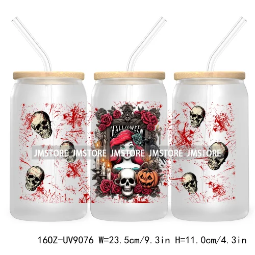 Spooky Halloween Princess 16OZ UV Cup Wrap DTF Transfer Sticker For Libbey Glass Can Cup Tumbler Waterproof Label Trick or Treat