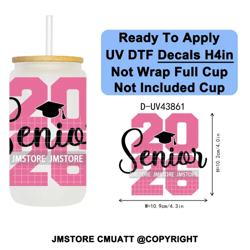 College Grad Class Of 2026 UV DTF Cup Decals Ready To Apply Transfer Stickers Durable Custom Labels For Libbey Glass Can Mugs