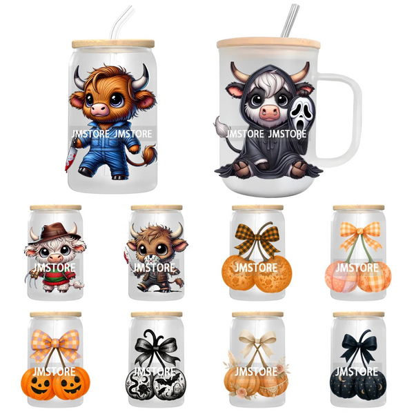 Highland Cow Horror Character Coquette Pumpkin UV DTF Decals Ready To Apply Durable Transfer Stickers For 16OZ Libbey Glass Can