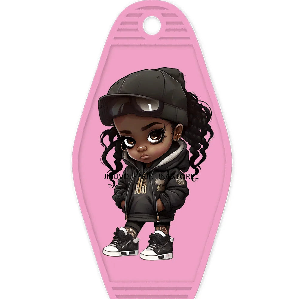 Cool Dreadlock Afro Girl High Quality WaterProof UV DTF Sticker For Motel Hotel Keychain Black Hip Hop Kids