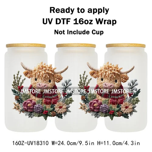 Faux Crochet Yarn Christmas Highland Cow 16OZ UV DTF Cup Wraps Ready To Apply Waterproof Transfer Stickers For Libbey Glass Can
