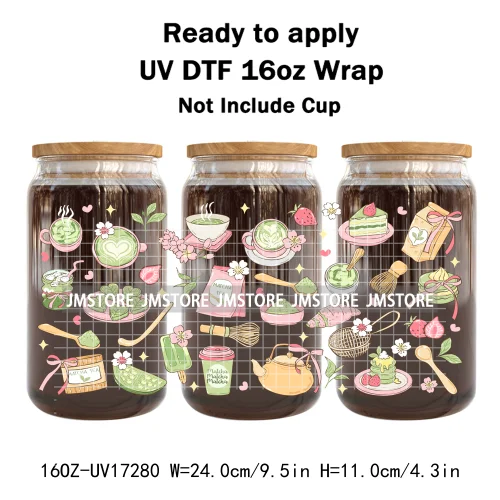 Coquette Green Tea Iced Matcha Latte UV DTF Wrap Transfer Sticker Selfadhesive Waterproof High Quality For 16OZ Libbey Glass Can