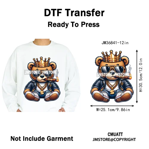 12in Hip Hop Vibes Urban Style Rich Bear With Gold Chains King Animal Iron on DTF Transfers Stickers Ready to Press for Textile