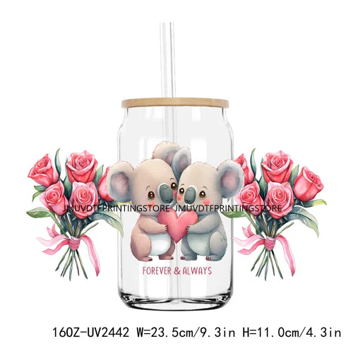 Valentine's Day Animals With Rose 16OZ UV DTF Cup Wrap Transfers Stickers Custom Labels DIY Waterproof Logo For Libbey Glass Can