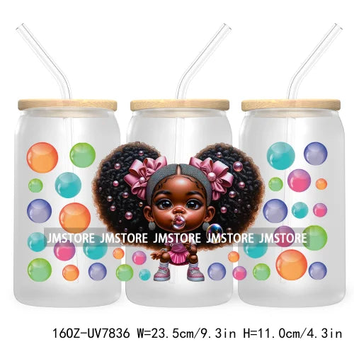 Cute Black Afro Girls 16OZ UV DTF Cup Wrap Transfer Stickers For Libbey Glass Can Cups Tumbler Waterproof Labels Christian Cross