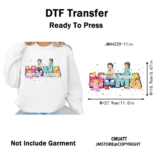 Cartoon Mama Princess Happy Mother's Day Family Vacation Iron on Washable DTF Heat Transfers Stickers Ready to Press for Hoodies