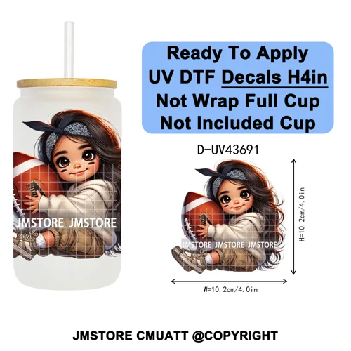 Cute Latina Baby Girl American Football UV DTF Cup Decals Ready To Apply Transfer Stickers Durable For Libbey Glass Can Tumbler