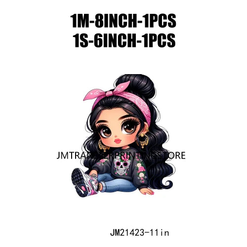 Pink Bow Long Hair Chibi Cute Chicana Doll Girls With Earing Washable Iron On DTF Transfers Stickers Designs For Sweatshirt