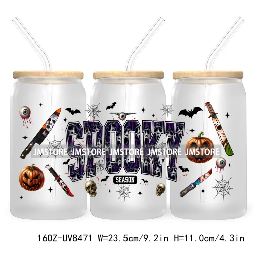 Halloween Characters 16OZ UV DTF Cup Wrap Transfer Sticker Custom Label Waterproof Logo For Libbey Glass Can Spooky Horror Movie