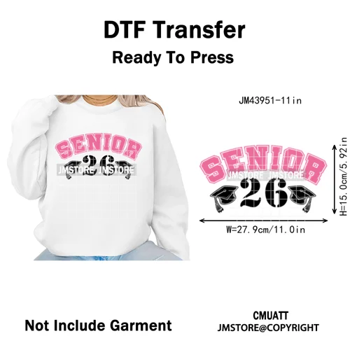 College Mega Senior 2K26 Coquette Class of 2026 Iron on Washable DTF Heat Transfers Stickers Ready to Press for Textiles Bags