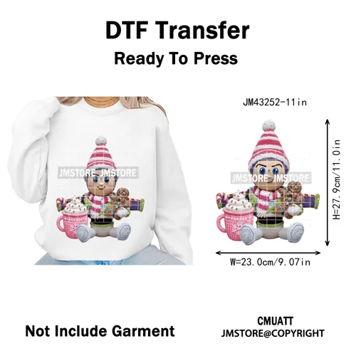 Hot Cocoa Coffee Lover Cartoon Faux Yarn Christmas Xmas Iron on Washable DTF Transfers Stickers Ready to Press for Sweatshirts
