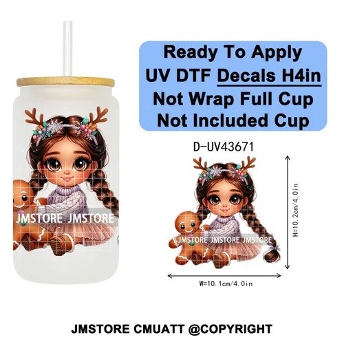 Floral Christmas Latina Chibi Girl UV DTF Transfer Stickers Decals Ready To Apply Good Quality Prints For Libbey Cold Cup Mugs