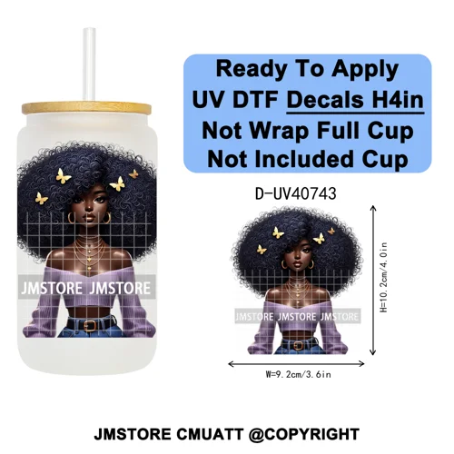 Big Hair Fashionable Black Girl UV DTF Decals Ready To Apply Waterproof Transfer Stickers DIY Crafts For 16OZ Libbey Glass Can