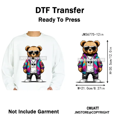 12in Cartoon Gangster Hip Hop Streetwear Teddy Bear Lover Designs Iron on DTF Heat Transfers Stickers Ready to Press for Hoodies