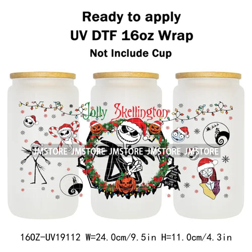Skeleton Nightmare Before Christmas UV DTF Transfer Sticker Cup Tumbler Wrap For 16OZ Libbey Glass Wraps Bottle Mug DIY Labels