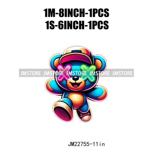 Cool Neon Colorful Hip Hop Streetwear Urban Teddy Bear Iron On DTF Transfers Stickers Ready To Press For Clothing Bags