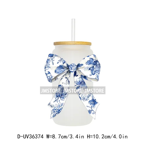 Blue Chinoiserie Coquette Bow UV Sticker Decals For Libbey Cold Cups Mug Tumbler Transfer Stickers Waterproof Top Quality Prints