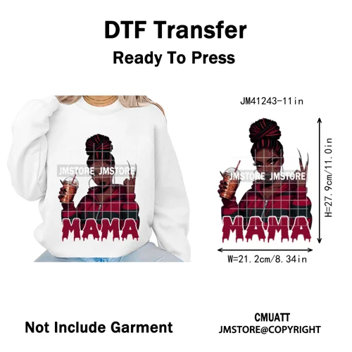 Coffee Lover Afro Mama Spooky Halloween Killer Cartoon Women Iron on Washable DTF Transfers Stickers Ready to Press for Hoodies