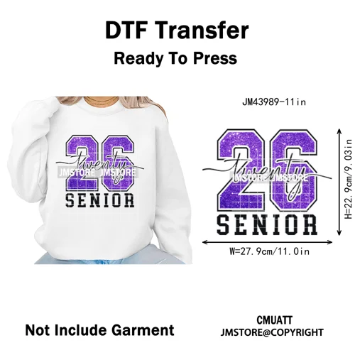 Faux Glitter Senior Class of 2026 High School Graduate Reunion Iron on Washable DTF Transfer Stickers Ready to Press for Clothes