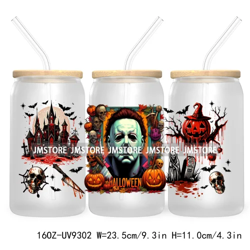 Scary Movies Halloween 16OZ UV DTF Cup Wrap Transfer Stickers Custom Labels Waterproof Logo For Libbey Glass Can Spooky Season